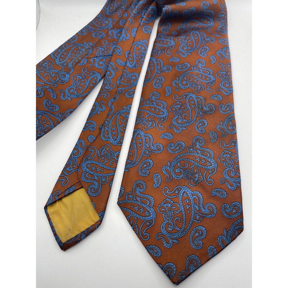 Walker & Florio New York Mens Paisley Silk Tie Burnt Orange Light Blue Vintage